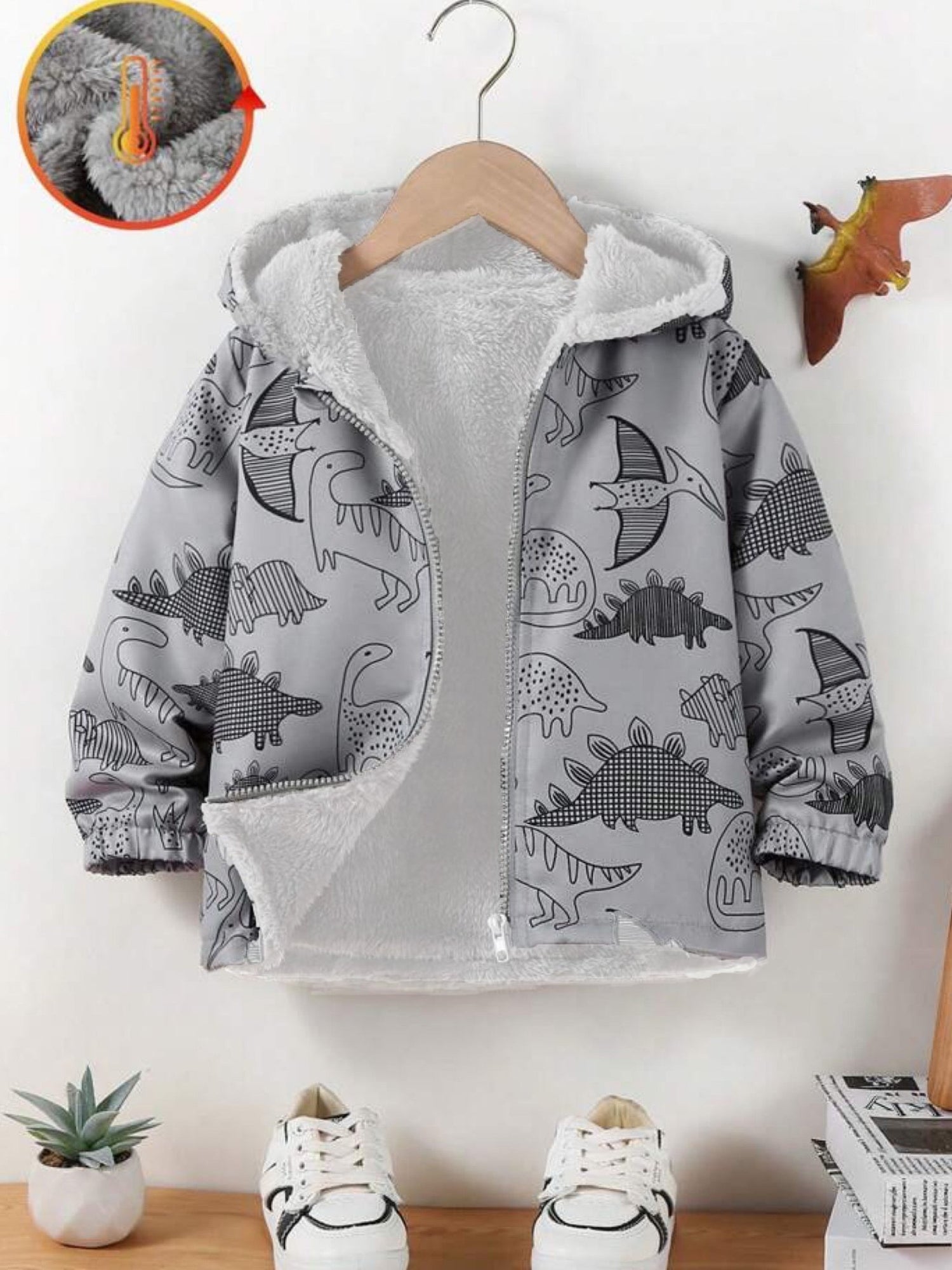 babies dinosaur print sherpa lined hooded jacket Legacy Boutiques Legacy Boutiques