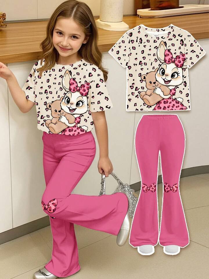 Baby Girls 2 Piece Leopard Bow &amp; Rabbit Print Tee and Pant Set Legacy Boutiques Legacy Boutiques