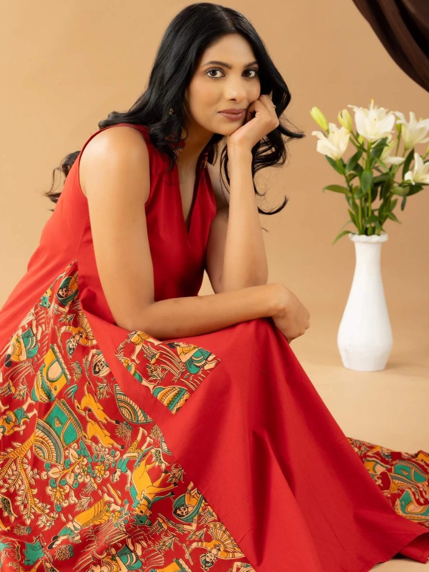 Bahaar red kalamkari asymmetrical dress Legacy Boutiques Legacy Boutiques