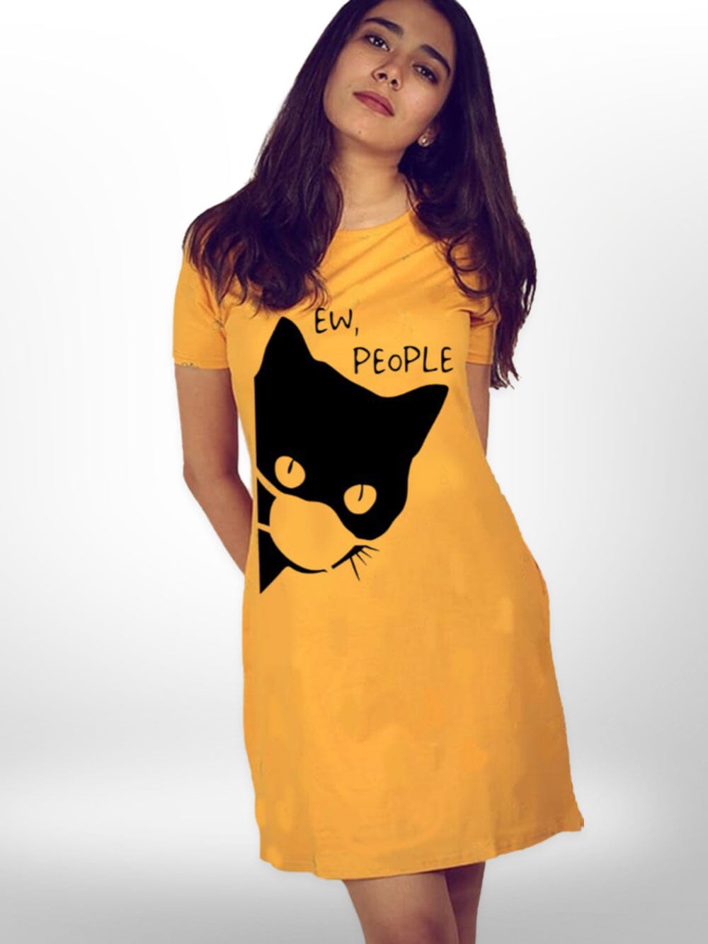 Black Cat Printed Long T-shirt For Women&