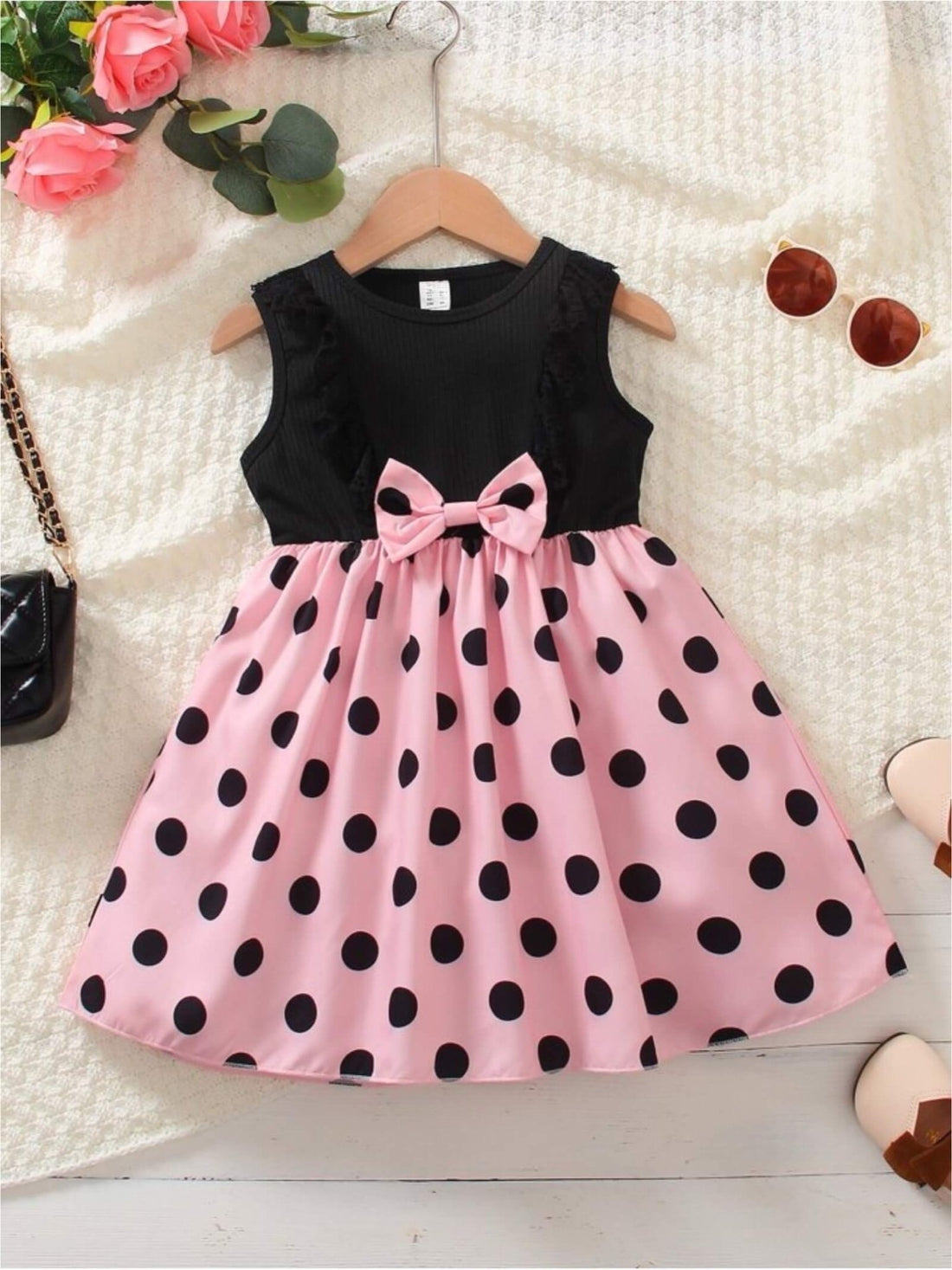 Black Ribbed Sleeveless Pink Polka Dot Party Dress with Waist Bow Legacy Boutiques Legacy Boutiques