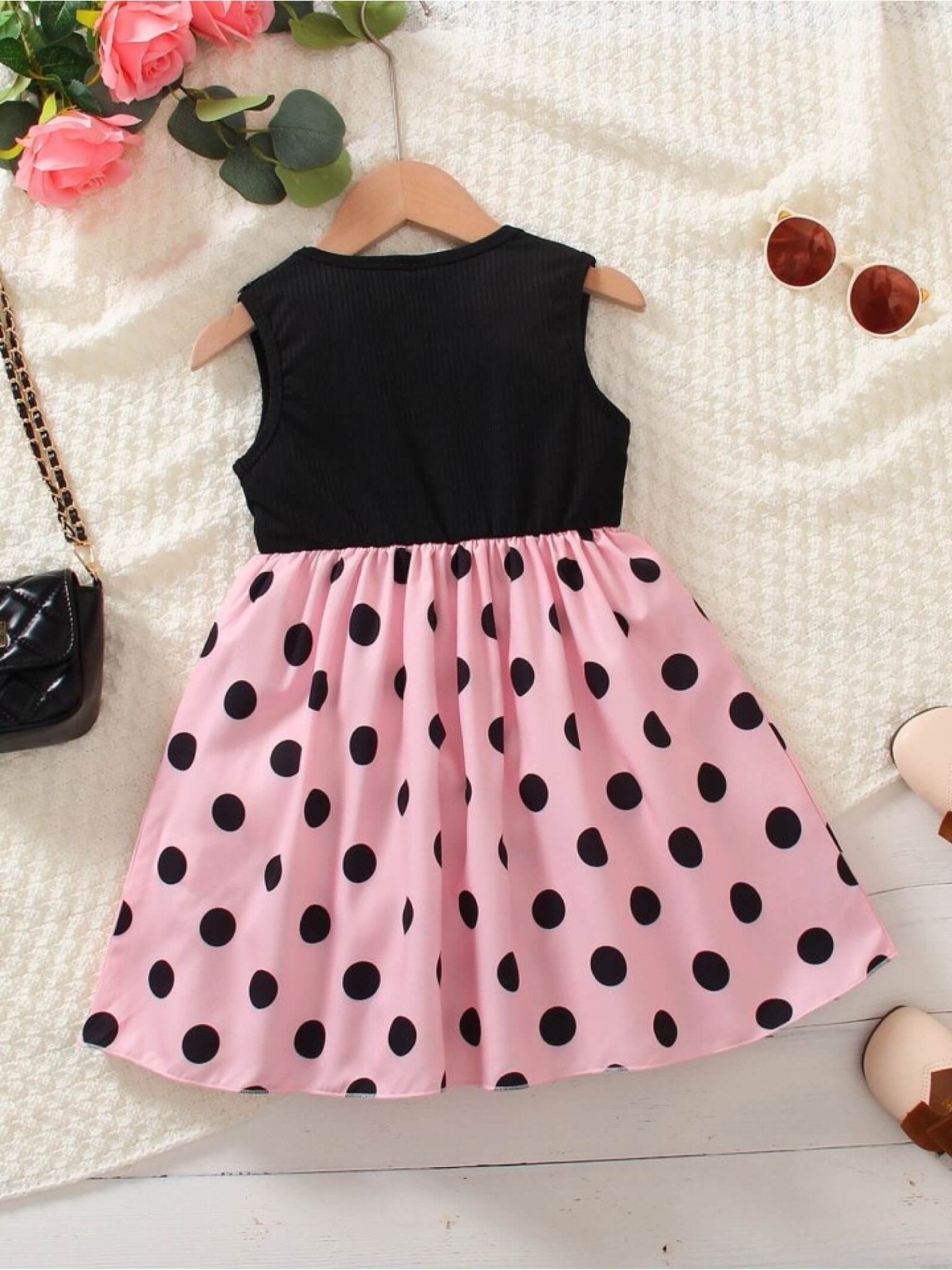 Black Ribbed Sleeveless Pink Polka Dot Party Dress with Waist Bow Legacy Boutiques Legacy Boutiques