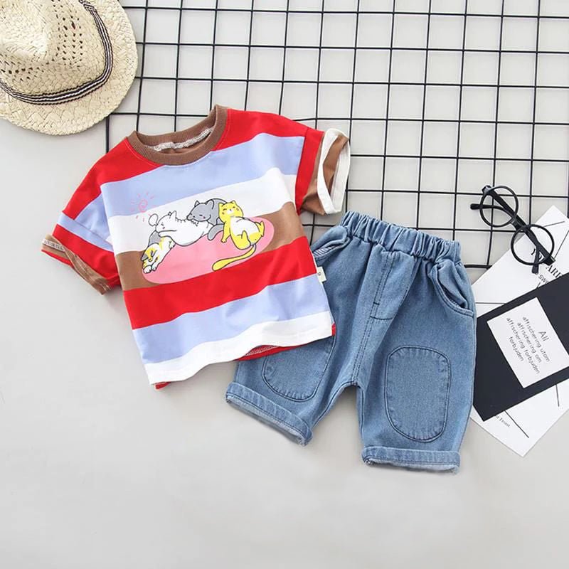 Casual Cats Cartoon Stripe Baby Boys and Girls T-shirt set Red Summer Collection | Legacy Boutiques Bangladesh Sylhet Legacy Boutiques Legacy Boutiques