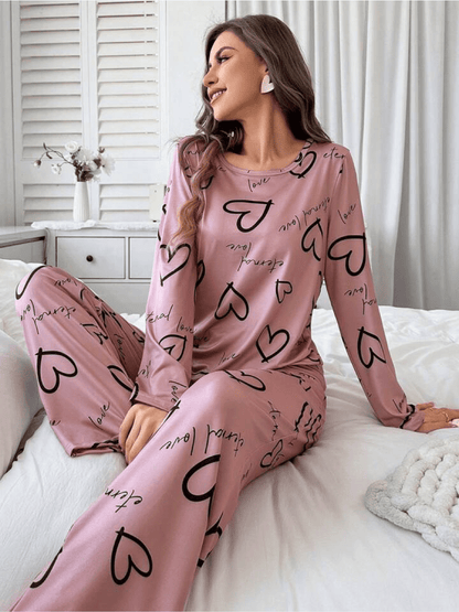 Casual Heart Print Pajama Set For Fall &amp; Winter, Round Neck Long Sleeve Top &amp; Elastic Pants, Women&