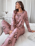 Casual Heart Print Pajama Set For Fall & Winter, Round Neck Long Sleeve Top & Elastic Pants, Women&