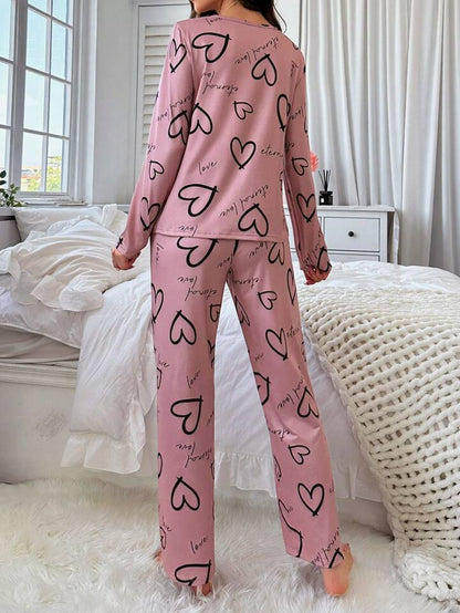 Casual Heart Print Pajama Set For Fall &amp; Winter, Round Neck Long Sleeve Top &amp; Elastic Pants, Women&