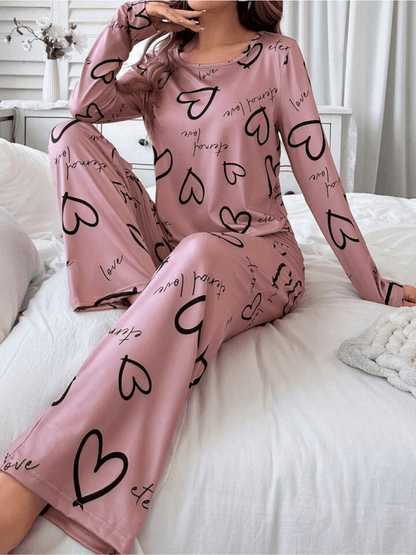Casual Heart Print Pajama Set For Fall &amp; Winter, Round Neck Long Sleeve Top &amp; Elastic Pants, Women&