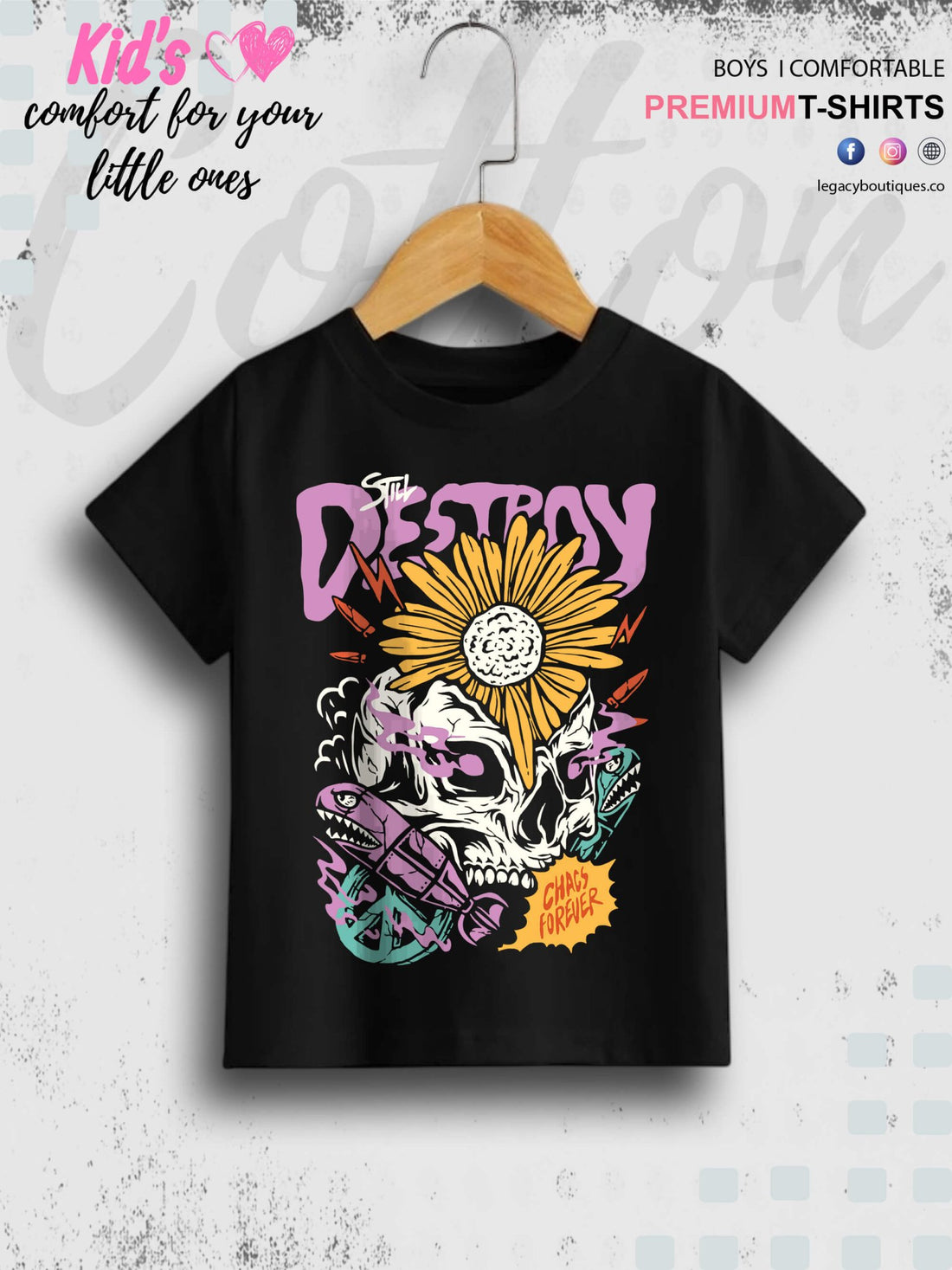 Chaos Forever Skull Printed Casual 1 To 11 Year Kids Boys Summer Time T-Shirt In Lowest Price Only In Dhaka Legacy Boutiques Legacy Boutiques