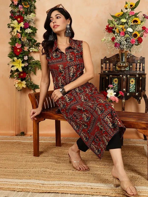 Crimson Kalamkari Peacock Print Sleeveless Shirt - Style Tunic Kurta Legacy Boutiques Legacy Boutiques