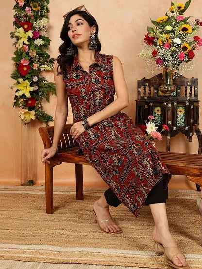 Crimson Kalamkari Peacock Print Sleeveless Shirt - Style Tunic Kurta Legacy Boutiques Legacy Boutiques