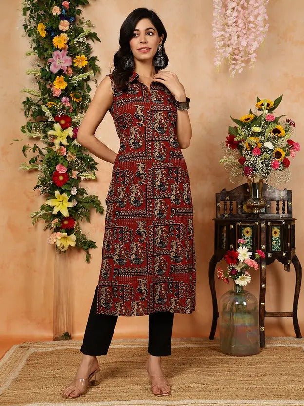 Crimson Kalamkari Peacock Print Sleeveless Shirt - Style Tunic Kurta Legacy Boutiques Legacy Boutiques