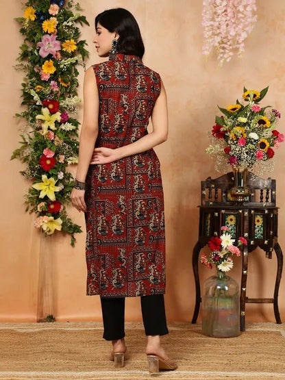Crimson Kalamkari Peacock Print Sleeveless Shirt - Style Tunic Kurta Legacy Boutiques Legacy Boutiques