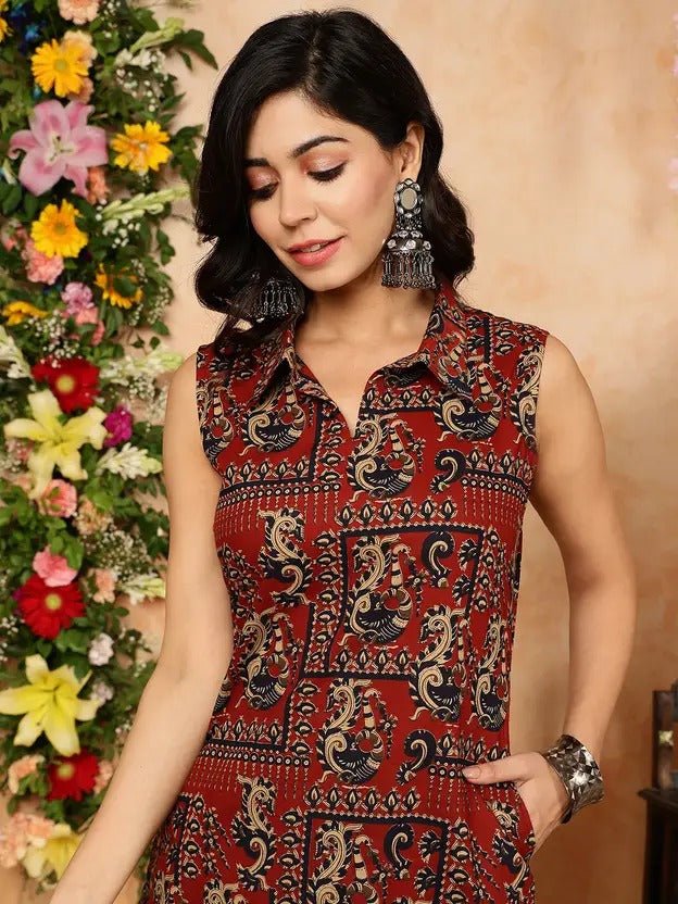 Crimson Kalamkari Peacock Print Sleeveless Shirt - Style Tunic Kurta Legacy Boutiques Legacy Boutiques