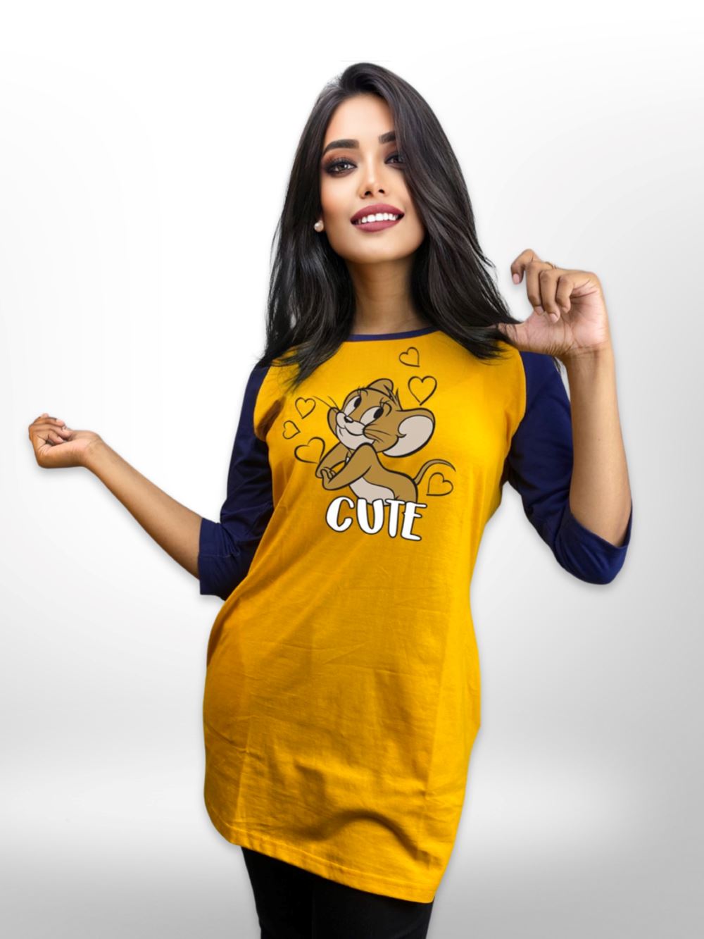 Cute Love Jerry Printed Long T-shirt Raglan Sleeve Side Pocket For Women&