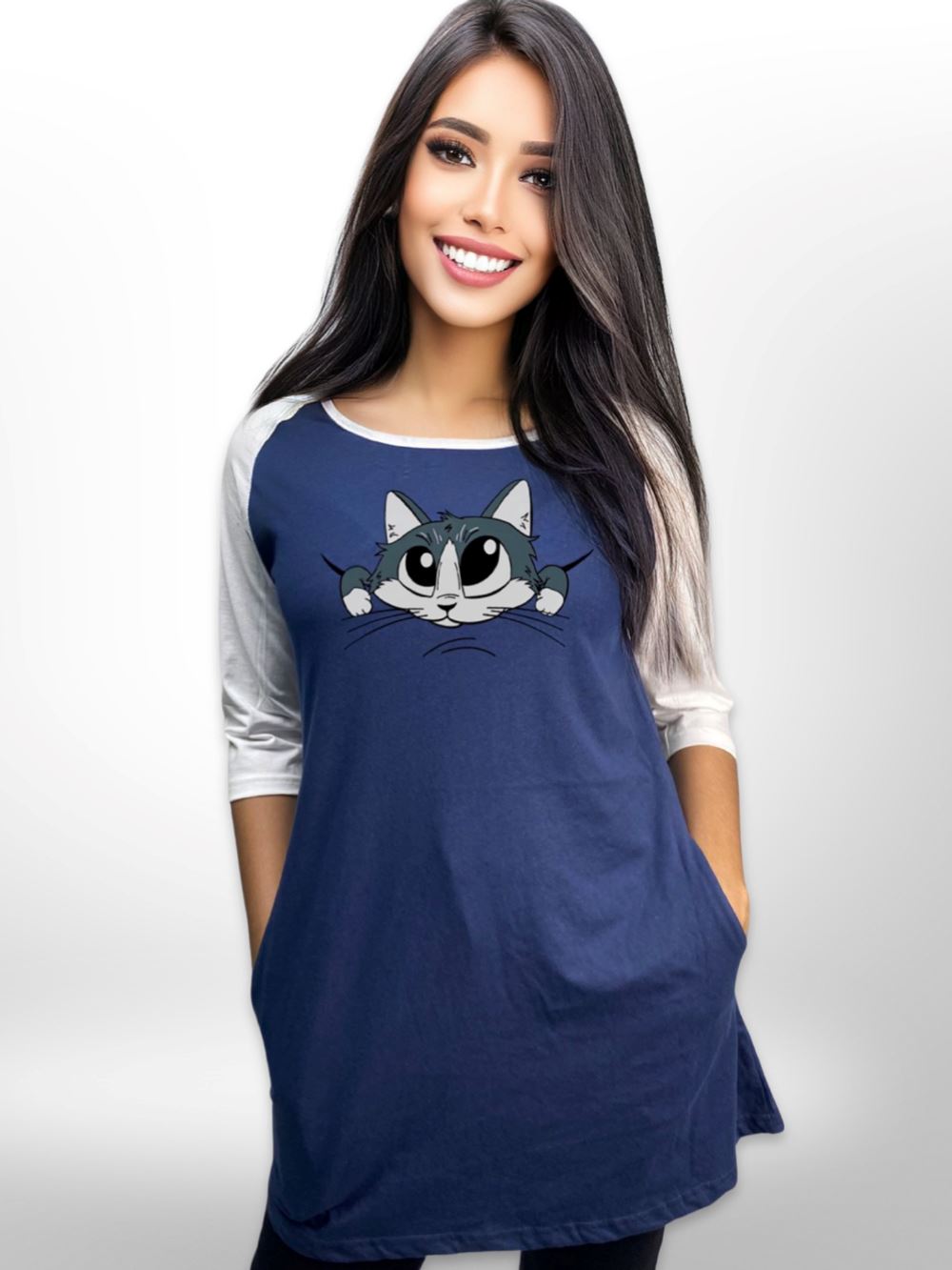 Cute Puppy Long T-shirt Raglan Sleeve Side Pocket For Women&