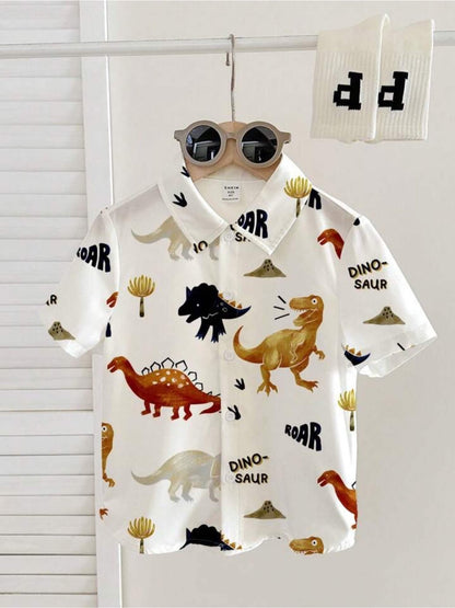 Dinosaur Print Short Sleeve Button Front Shirt For Toddler Boy School - Aged Boy Legacy Boutiques Legacy Boutiques