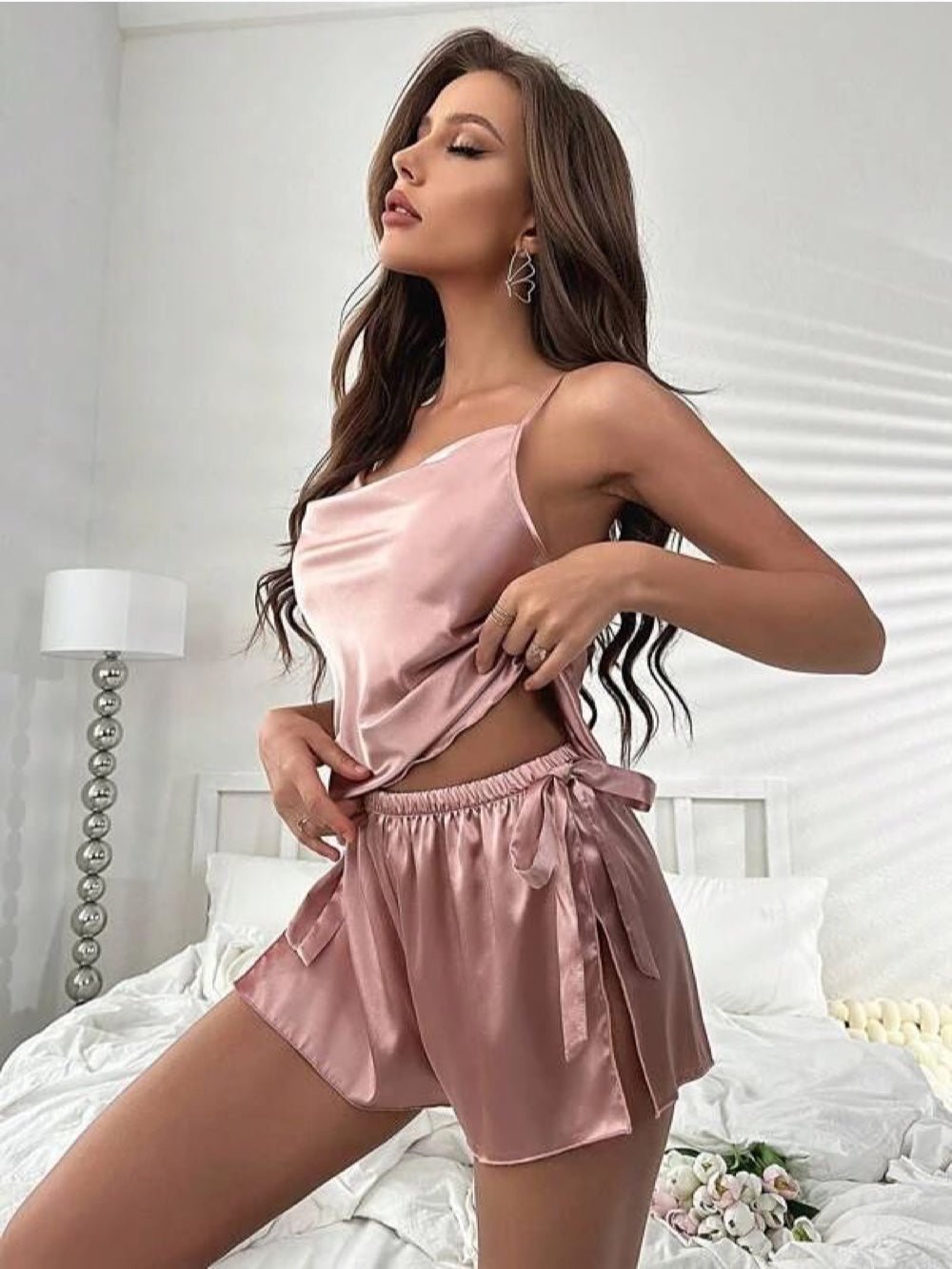 Draped Collar Knot Side Satin Cami Top &amp; Shorts Set Legacy Boutiques Legacy Boutiques