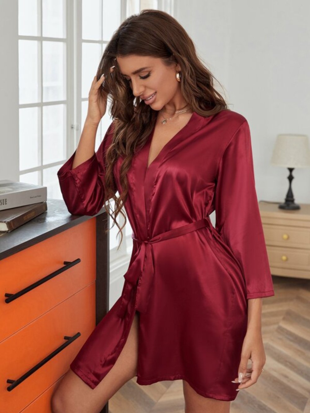Drop Shoulder Contrast Trim Belted Satin Sleep Robe Legacy Boutiques Legacy Boutiques