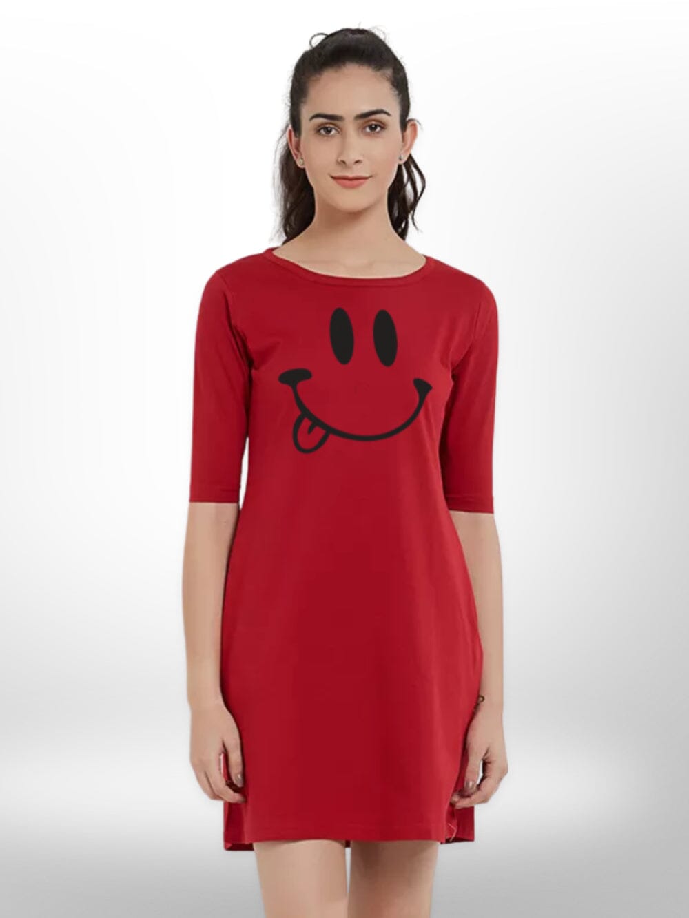 EMOJI SMILE PRINT THREE QUARTER SLEEVE T - SHIRT SIDE POCKET FOR WOMEN&