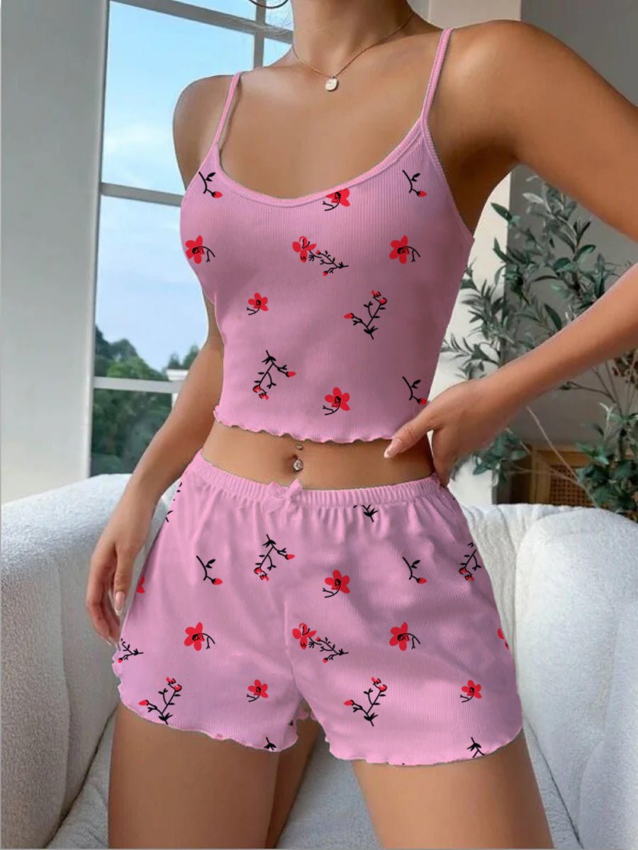 Floral Print Contrast Binding Lettuce Trim Cami Top &amp; Shorts PJ Set Legacy Boutiques Legacy Boutiques