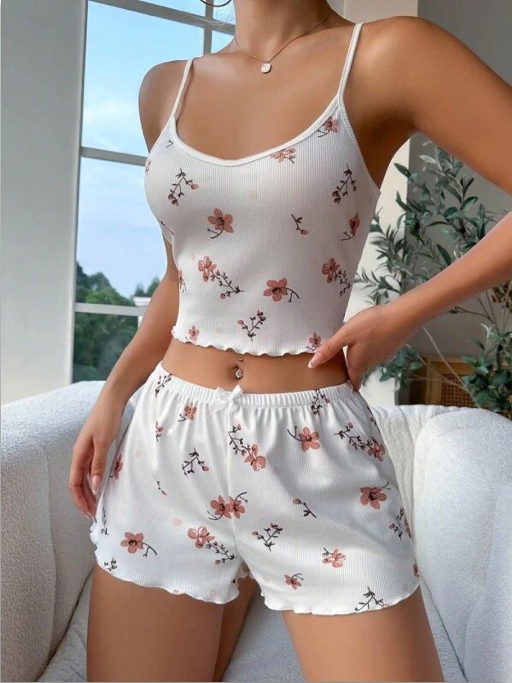 Floral Print Contrast Binding Lettuce Trim Cami Top &amp; Shorts PJ Set Legacy Boutiques Legacy Boutiques