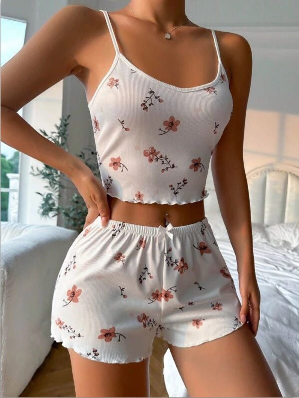 Floral Print Contrast Binding Lettuce Trim Cami Top &amp; Shorts PJ Set Legacy Boutiques Legacy Boutiques