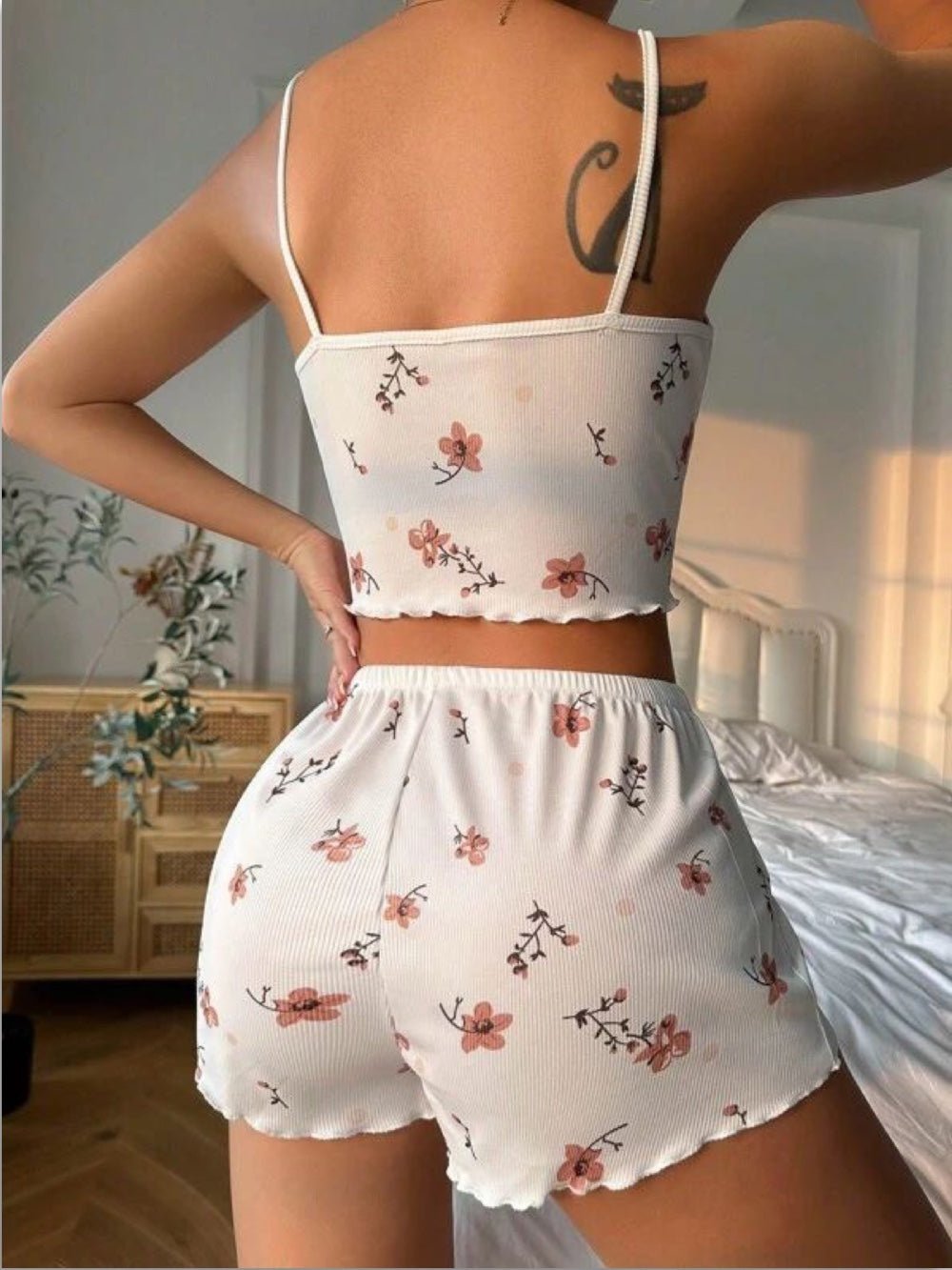 Floral Print Contrast Binding Lettuce Trim Cami Top &amp; Shorts PJ Set Legacy Boutiques Legacy Boutiques