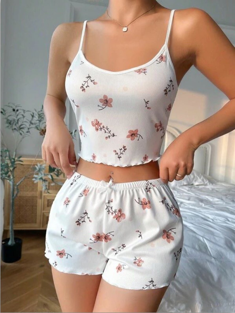 Floral Print Contrast Binding Lettuce Trim Cami Top &amp; Shorts PJ Set Legacy Boutiques Legacy Boutiques