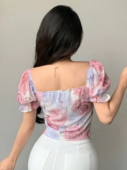 Floral Printed Puff Sleeve Ruched Bust Crop Top Legacy Boutiques Legacy Boutiques