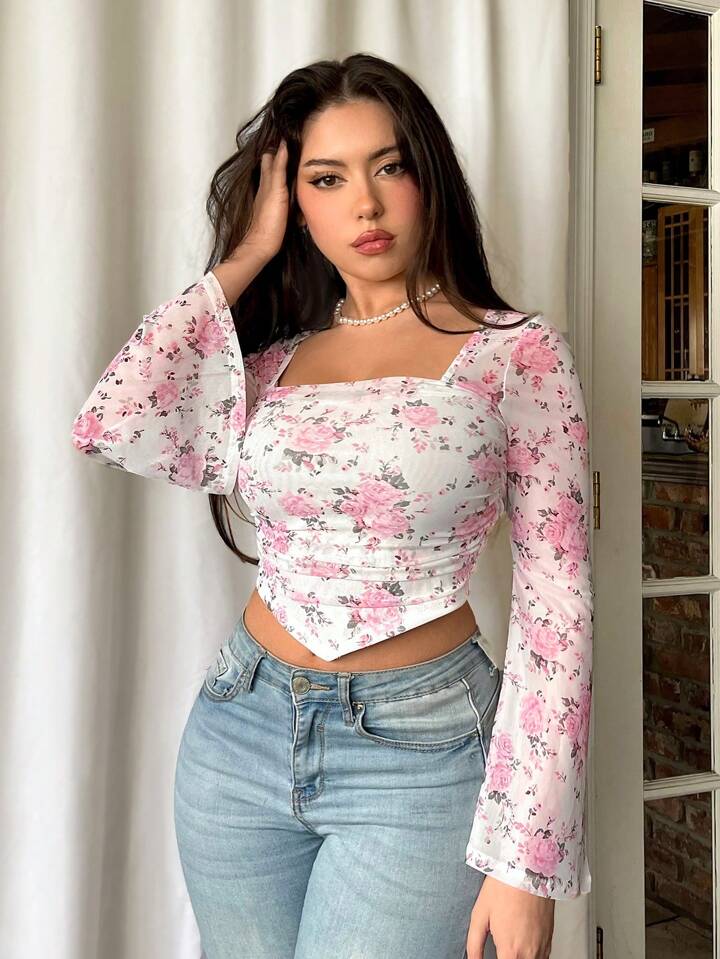 Floral Printed Square Neck Ruched Crop Top Legacy Boutiques Legacy Boutiques