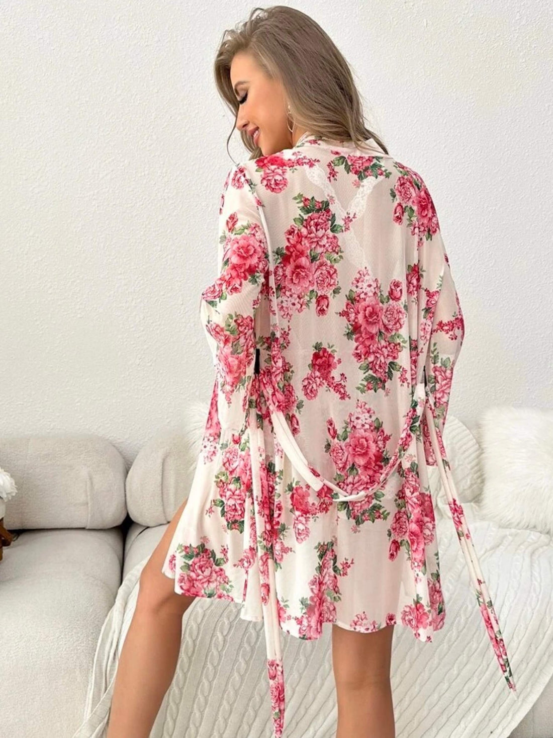 Floral Trim Belted Satin Robe Night Dress Legacy Boutiques Legacy Boutiques