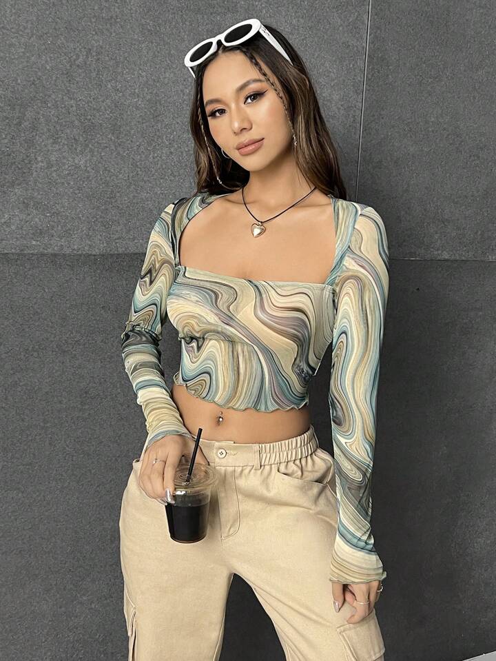 Full Sleeve Crop Top Square Neck Marble Print Legacy Boutiques Legacy Boutiques
