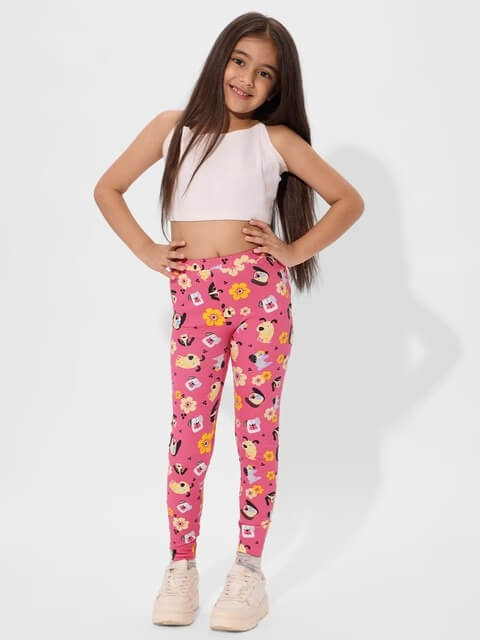 Girls Candy Pop Pink Funky Leggings - Puppy &amp; Flower Cartoon Print Tights Legacy Boutiques Legacy Boutiques