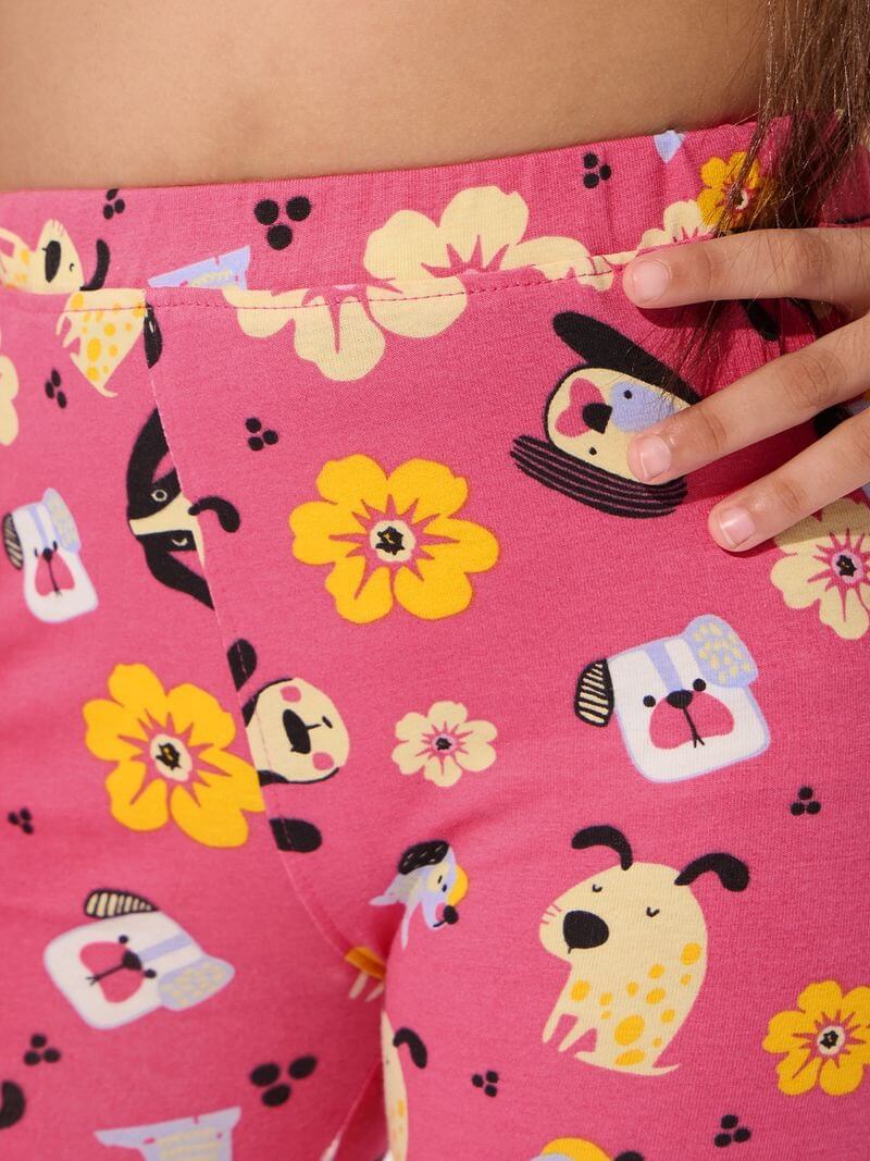 Girls Candy Pop Pink Funky Leggings - Puppy &amp; Flower Cartoon Print Tights Legacy Boutiques Legacy Boutiques