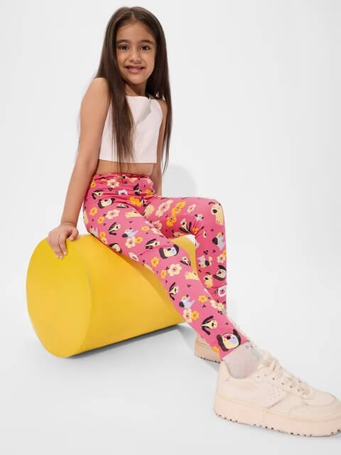 Girls Candy Pop Pink Funky Leggings - Puppy &amp; Flower Cartoon Print Tights Legacy Boutiques Legacy Boutiques