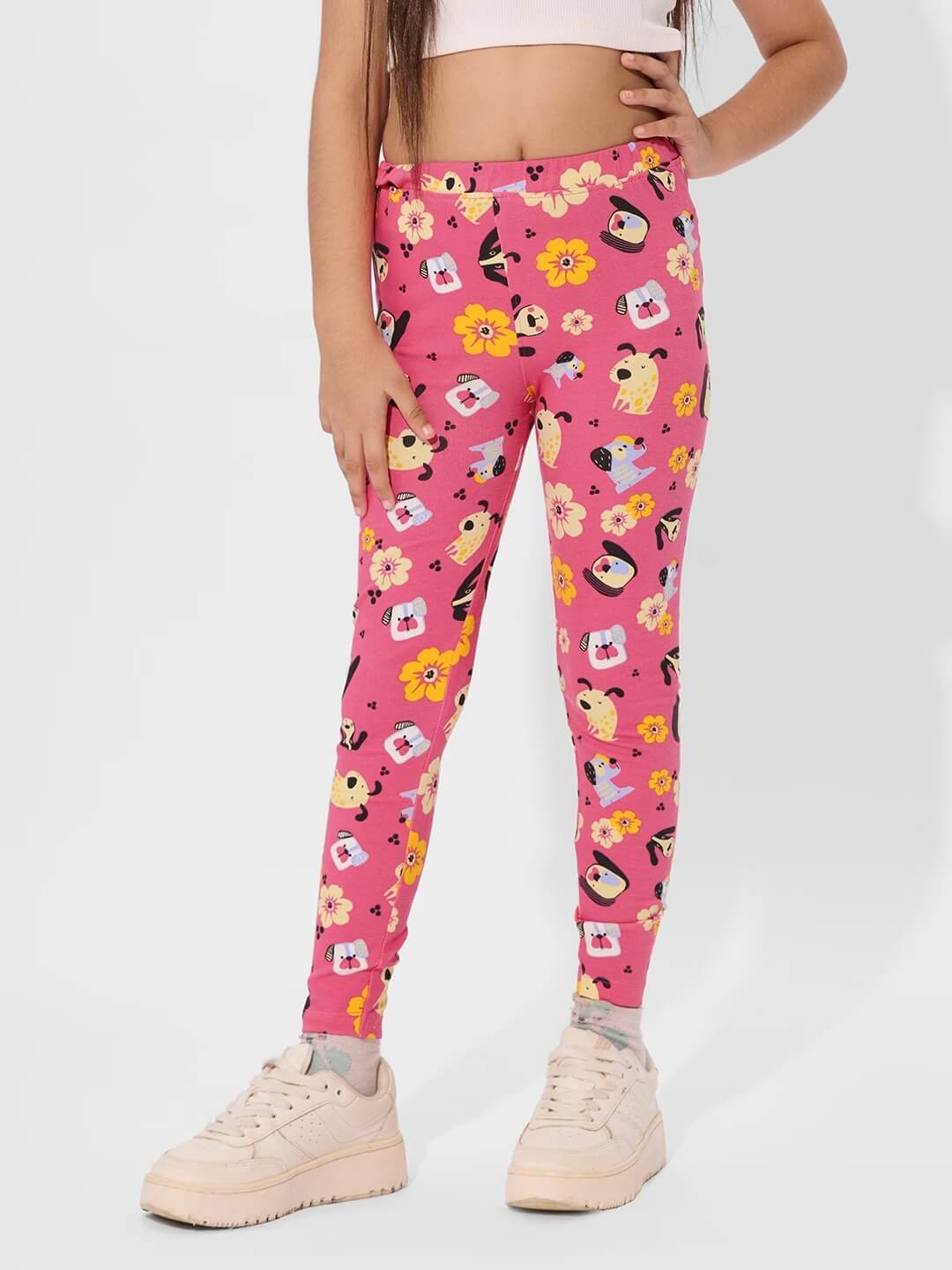 Girls Candy Pop Pink Funky Leggings - Puppy &amp; Flower Cartoon Print Tights Legacy Boutiques Legacy Boutiques
