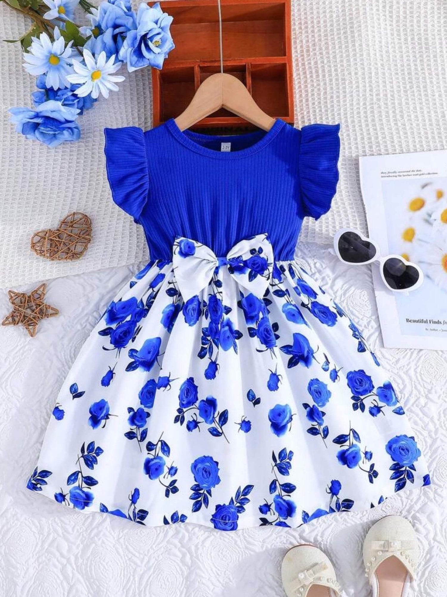 Girls Dress With Ruffled Sleeves, Bow And Rose Print Legacy Boutiques Legacy Boutiques