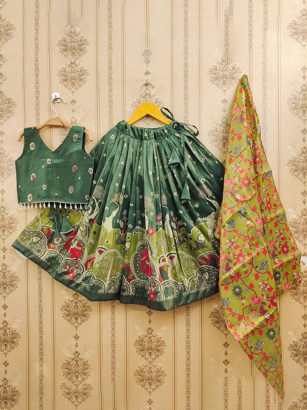 Girls Green Silk Kalamkari Lehenga Choli - Traditional Elephant Print 3 Pis Legacy Boutiques Legacy Boutiques
