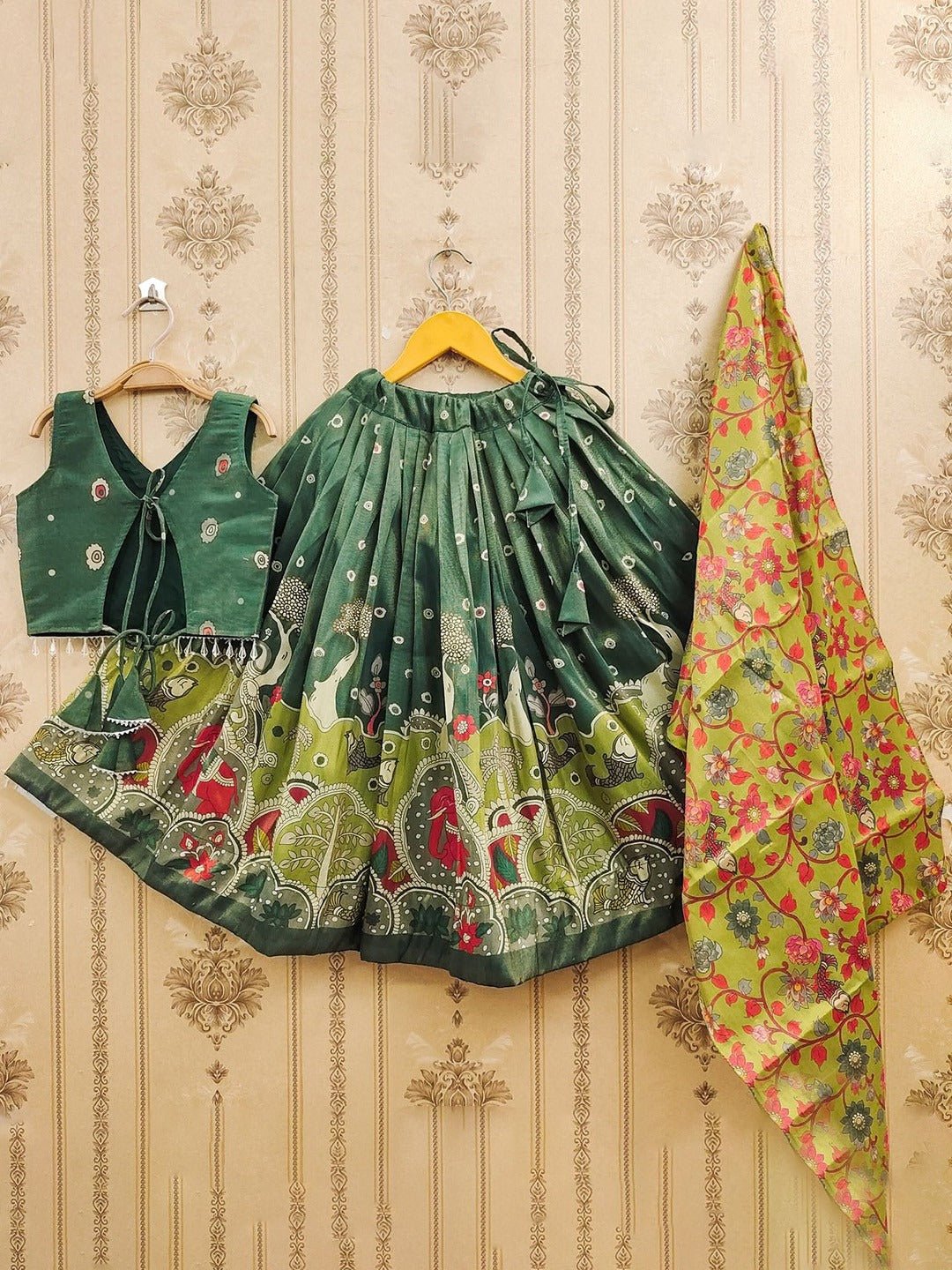 Girls Green Silk Kalamkari Lehenga Choli - Traditional Elephant Print 3 Pis Legacy Boutiques Legacy Boutiques