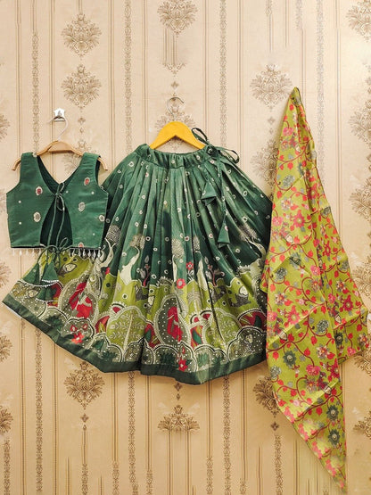 Girls Green Silk Kalamkari Lehenga Choli - Traditional Elephant Print 3 Pis Legacy Boutiques Legacy Boutiques