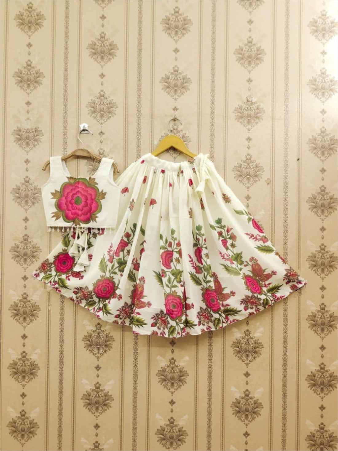 Girls Ivory Silk Floral Lehenga Choli - Pink Botanical Garden Print Set Legacy Boutiques Legacy Boutiques