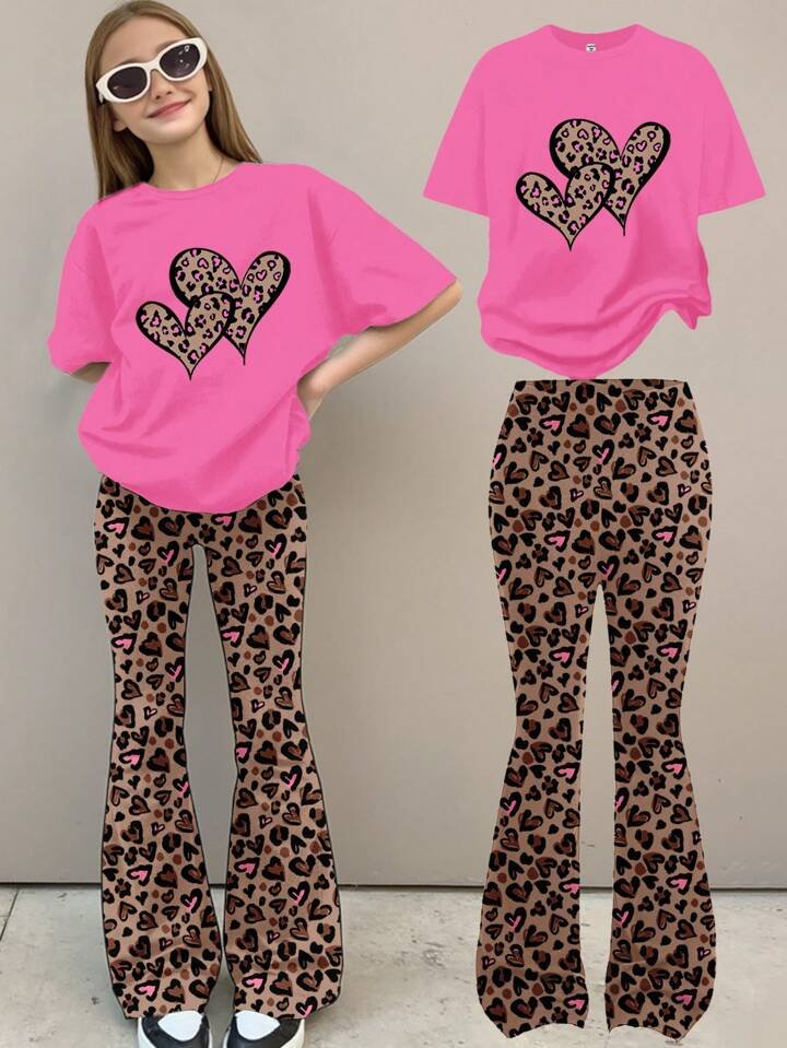 Girls Leopard Pink Heart Printed Top &amp; Pant 2 Piece Set Legacy Boutiques Legacy Boutiques