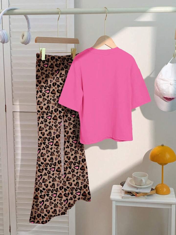 Girls Leopard Pink Heart Printed Top &amp; Pant 2 Piece Set Legacy Boutiques Legacy Boutiques