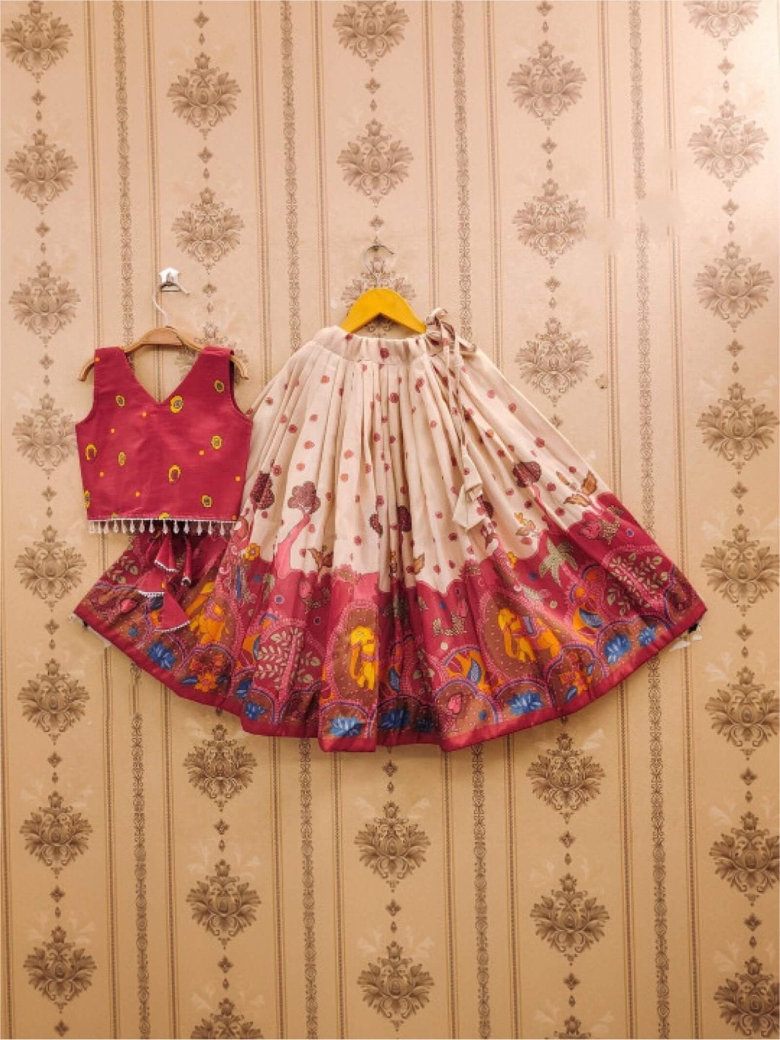Girls Maroon Silk Kalamkari Lehenga Choli - Traditional Elephant Print 3 Pis Legacy Boutiques Legacy Boutiques