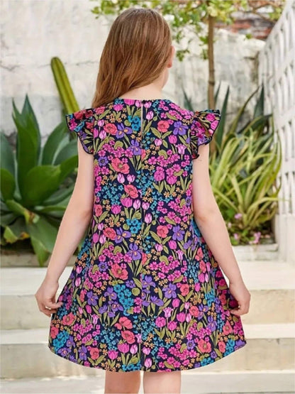 Girls Navy Vibrant Floral Flutter Sleeve A - Line Dress with Back Zipper Legacy Boutiques Legacy Boutiques