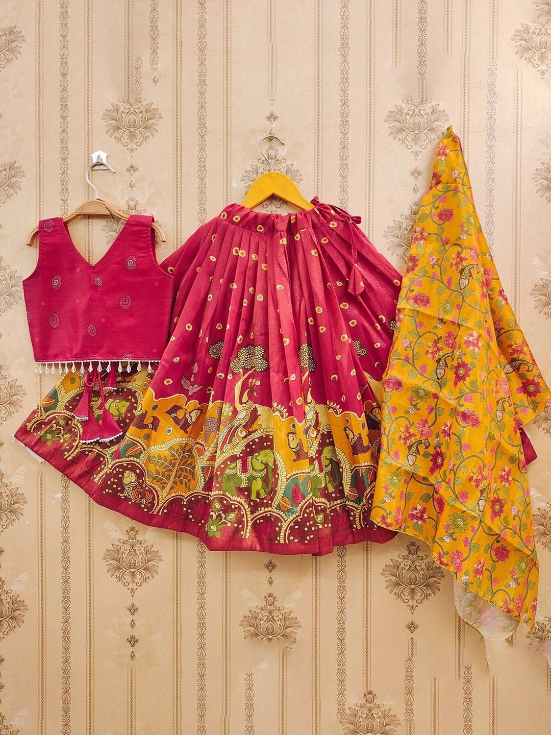 Girls Pink Silk Kalamkari Lehenga Choli Traditional Elephant Print 3 Pis Legacy Boutiques Legacy Boutiques