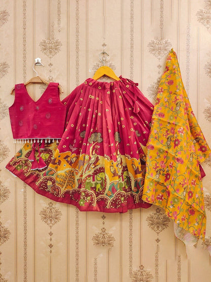 Girls Pink Silk Kalamkari Lehenga Choli Traditional Elephant Print 3 Pis Legacy Boutiques Legacy Boutiques
