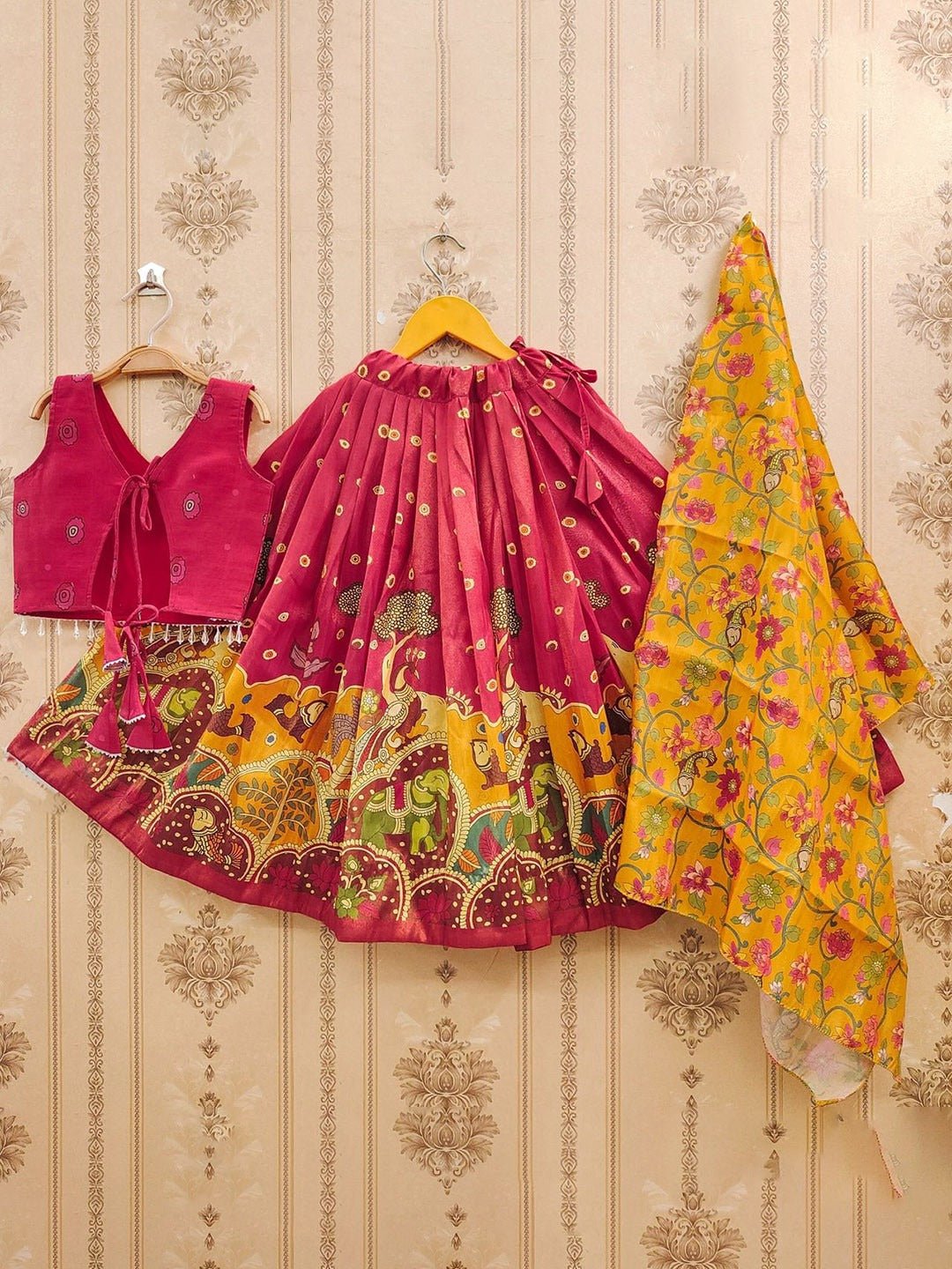 Girls Pink Silk Kalamkari Lehenga Choli Traditional Elephant Print 3 Pis Legacy Boutiques Legacy Boutiques