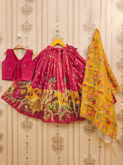 Girls Pink Silk Kalamkari Lehenga Choli Traditional Elephant Print 3 Pis Legacy Boutiques Legacy Boutiques