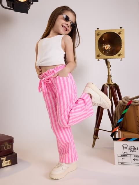 Girls Pink Striped Paperbag Pants - High - Waist Tie - Belt Summer Trousers Legacy Boutiques Legacy Boutiques